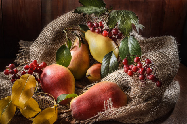 Обои картинки фото еда, груши, листья, ягоды, стол, плоды, фрукты, натюрморт, мешковина