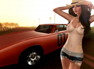 Картинка 3д графика people люди шляпа топ грудь шорты девушка автомобиль