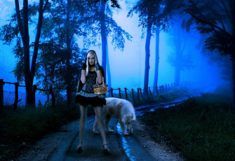 Картинка фэнтези фотоарт девушка ночь волк