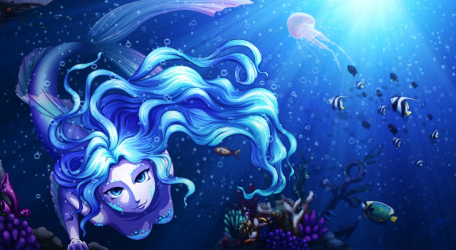 Обои картинки фото фэнтези, русалки, рыбы, медузы, океан, море, хвост, взгляд, глаза, лицо, волосы, русалка