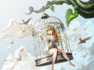 Картинка аниме животные +существа цепь крылья облака небо птицы клетка ume арт девушка illegal bible