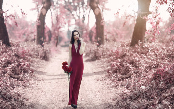 Картинка девушки -unsort+ брюнетки +шатенки платье красное модель стиль настроение осень дорога цветы розы
