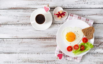 Картинка еда Яичные+блюда tomato egg coffee помидоры яйцо яичница кофе сердце завтрак