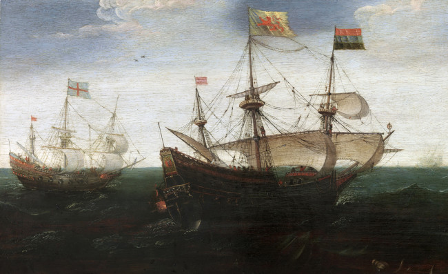 Обои картинки фото рисованное, живопись, флаг, парус, корабль, морской, пейзаж, картина, бой