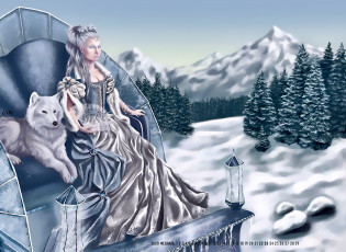 Картинка календари фэнтези хищник волк животное природа ель снег зима calendar 2020 женщина