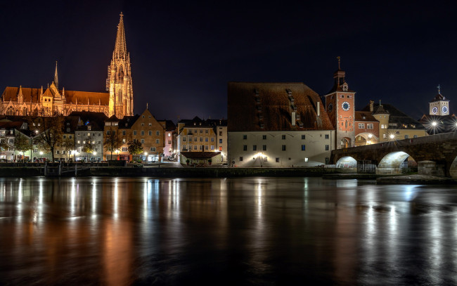 Обои картинки фото города, регенсбург , германия, вечер, огни, река, мост