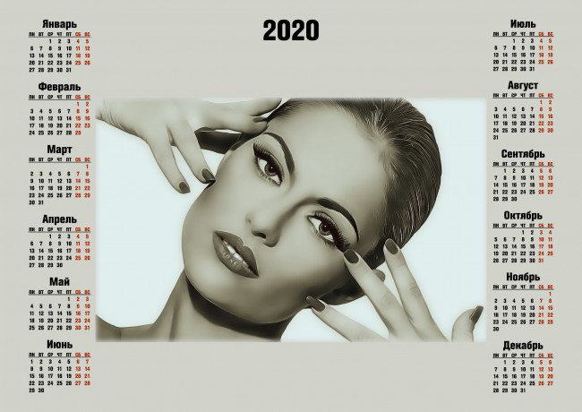 Обои картинки фото календари, компьютерный дизайн, макияж, женщина, лицо, руки, девушка, взгляд, calendar, 2020