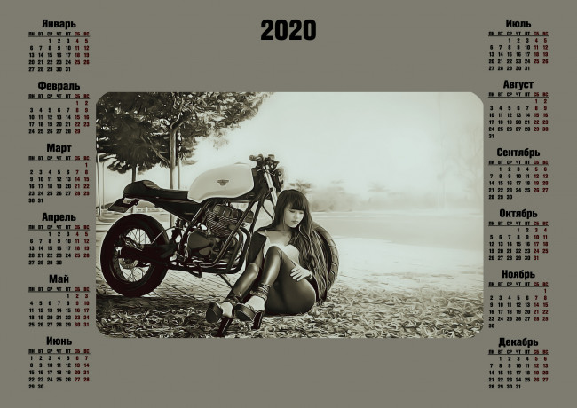 Обои картинки фото календари, компьютерный дизайн, мотоцикл, азиатка, природа, транспорт, девушка, calendar, 2020