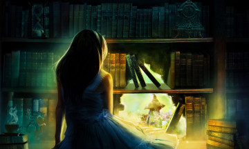 Картинка фэнтези иные+миры +иные+времена девочка шкаф книги дыра