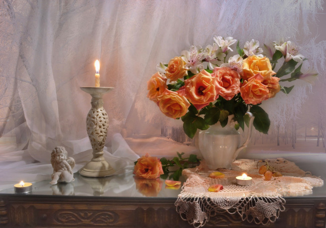 Обои картинки фото цветы, букеты,  композиции, свечи, ангел, букет, розы, альстромерия
