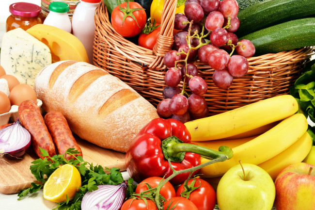 Обои картинки фото еда, разное, хлеб, колбаса, сыр, фрукты, овощи