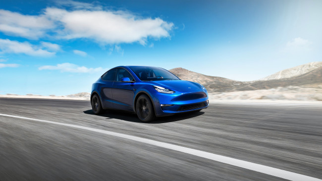 Обои картинки фото tesla model y 2020, автомобили, tesla, синий, скорость, дорога, шоссе