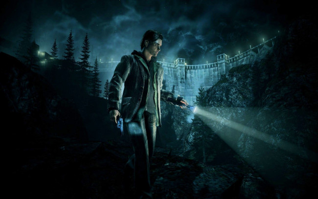 Обои картинки фото видео игры, alan wake, мужчина, фонарь, оружие, здание, лес