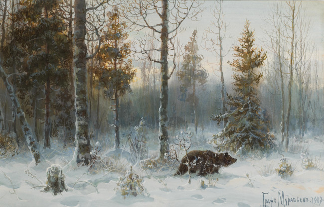 Обои картинки фото рисованные, граф, муравьев, зима, лес, снег, мишка, природа, медведь