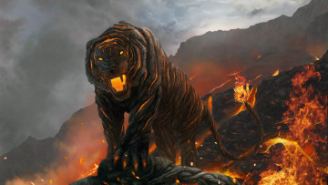 Картинка фэнтези существа лапы хвост огонь тигр