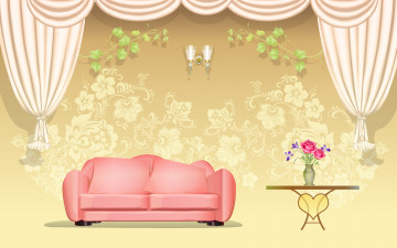 обоя векторная, графика, диван, шторы, дезайн, интерьер, ваза, столик, цветы, бра