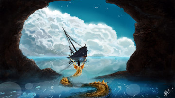 Картинка фэнтези существа существо тонущий корабль маленький человек арт море