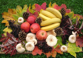 обоя еда, разное, грибы, шишки, бананы, яблоки, листья