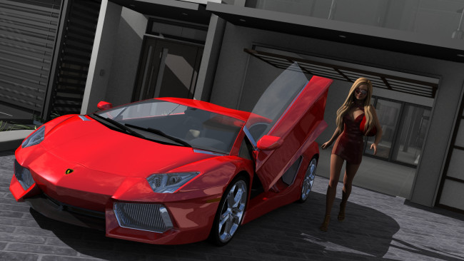 Обои картинки фото автомобили, 3d car&girl, девушка, взгляд, фон, автомобиль
