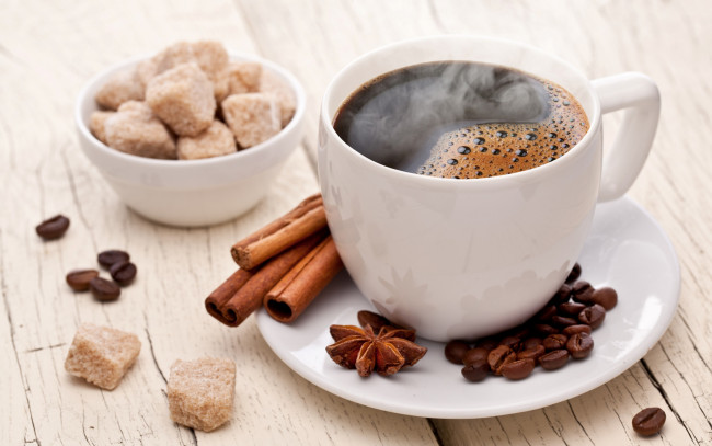Обои картинки фото еда, кофе,  кофейные зёрна, сахар, корица, чашка, зерна