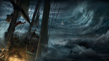 обоя корабли, рисованные, шторм, корабль, палуба, мачты, волны, стихия