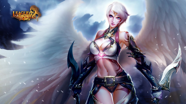 Обои картинки фото видео игры, league of angels, monica, крылья, оружие, ангел, девушка