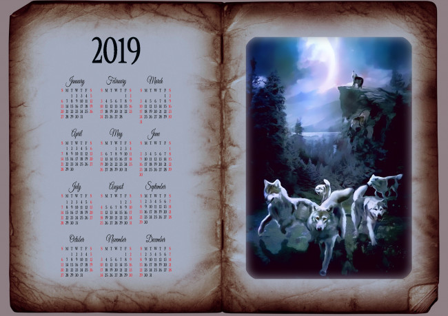 Обои картинки фото календари, рисованные,  векторная графика, книга, волк, стая, гора