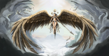 Картинка фэнтези ангелы девушка фон полет крылья