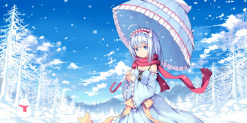 обоя аниме, зима,  новый год,  рождество, девочка, шарф, зонт