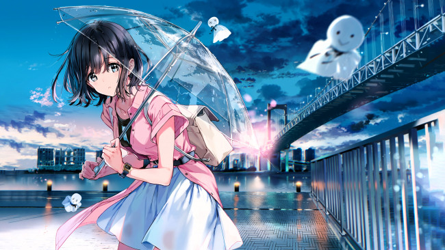 Обои картинки фото аниме, unknown,  другое , девочка, зонт, мост, река, привидения