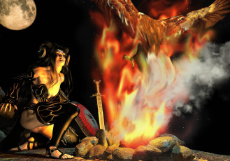 Картинка 3д графика fantasy фантазия меч феникс птица огонь