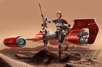 Картинка фэнтези девушки летательный аппарат флаер пустыня винтовка