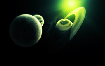 Картинка космос арт зелёный планеты кольца свет