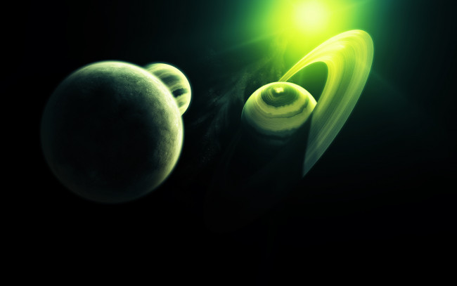 Обои картинки фото космос, арт, зелёный, планеты, кольца, свет