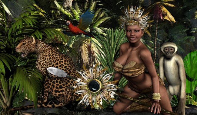 Обои картинки фото 3д, графика, fantasy, фантазия, девушка, африканка, леопард, обезьяна, попугай, копе