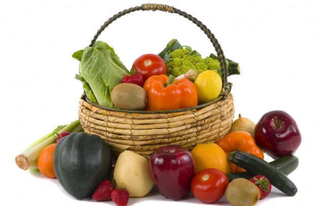 Обои картинки фото еда, фрукты, овощи, вместе, перец, салат, яблоки, клубника, лимон
