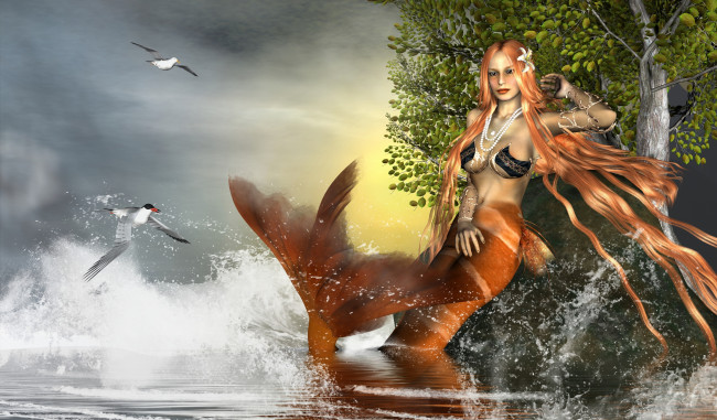 Обои картинки фото 3д графика, существа , creatures, брызги, дерево, цветок, русалка, чайки, море, фон, взгляд, девушка