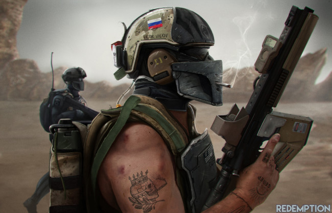 Обои картинки фото фэнтези, люди, шлем, автомат, русский, арт, солдат, война, сигарета, курит