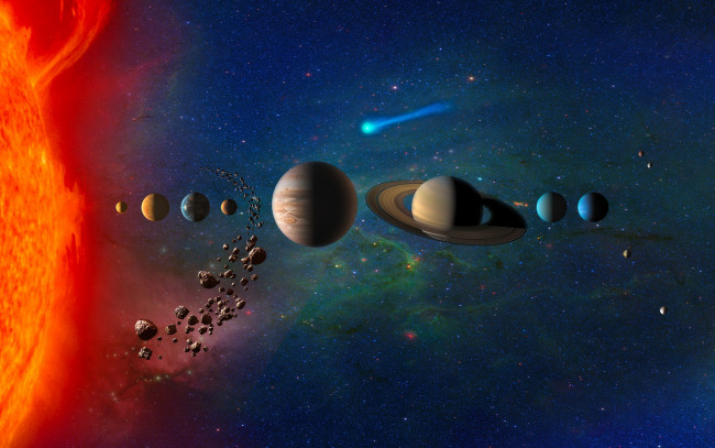 Обои картинки фото космос, сатурн, уран, астероиды, digital, universe, планеты, марс, комета, земля, planets, in, solar, system, солнечная, система, юпитер, венера, меркурий, нептун, звёзды