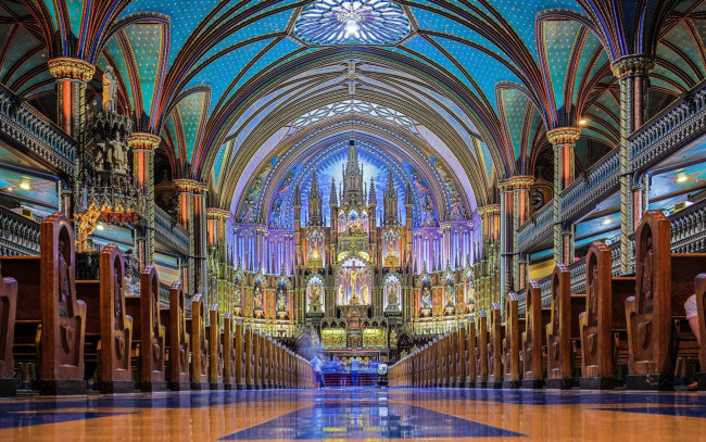 Обои картинки фото интерьер, убранство,  роспись храма, cathedral, dame, notre, interior, canada, basilica, montreal