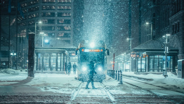 Картинка города -+огни+ночного+города трамвай снегопад город америка зима