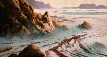 Картинка рисованное природа горы снег озеро следы