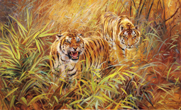 обоя рисованное, животные,  тигры, тигры, трава