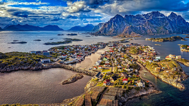 Обои картинки фото города, лофотенские острова , норвегия, горы, панорама