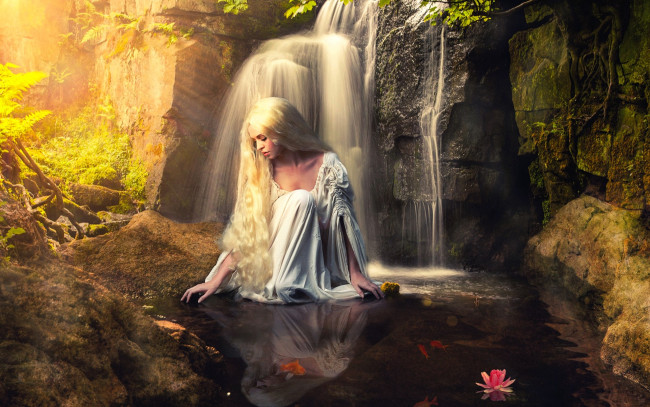 Обои картинки фото девушки, - блондинки,  светловолосые, блондинка, водопад, цветы