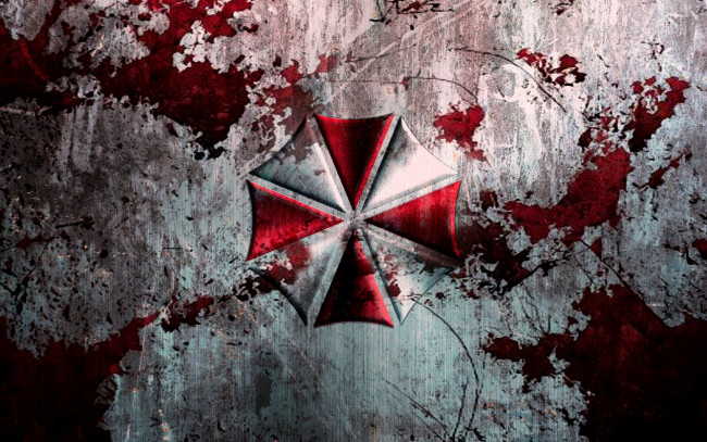 Обои картинки фото видео игры, resident evil, зонт, эмблема, стена, кровь