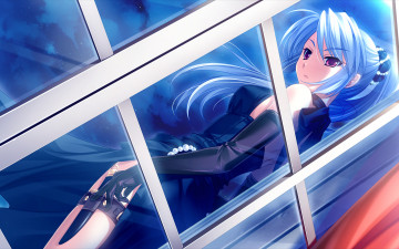 Картинка аниме weapon blood technology фиолетовые глаза платье нож стеклянная дверь ночь красные шторы