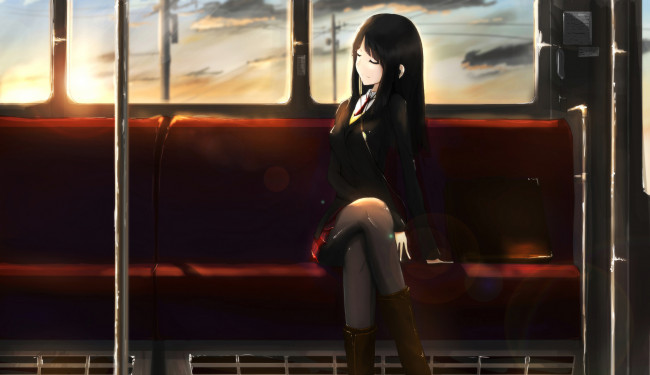 Обои картинки фото by, kikivi, аниме, headphones, instrumental, девушка, поезд, окно, закат, наушники, небо, сиденье