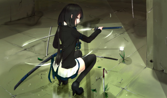 Обои картинки фото by, kikivi, аниме, weapon, blood, technology, девушка, катана, нож, цветок, пол, каблуки, форма