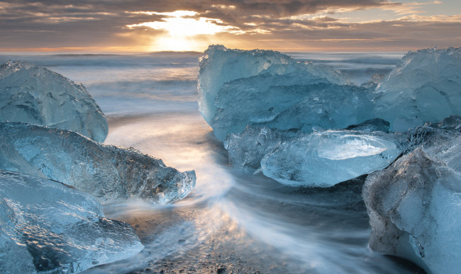 Обои картинки фото iceland, природа, айсберги, ледники, исландия, закат, льдины, море